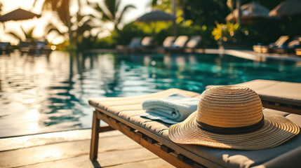 Sun hat and beach towel on lounge chair at a luxury hotel swimming pool. Blue water escape at...