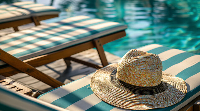 Sun hat laying on lounge chair at luxury hotel swimming pool. Blue water escape at upscale resort. Exclusive destination travel, luxury vacation, tropical paradise for solo traveler, frequent flyer.