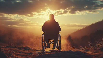 Homme en fauteuil roulant dans la nature qui regarde le paysage et le coucher de soleil - obrazy, fototapety, plakaty