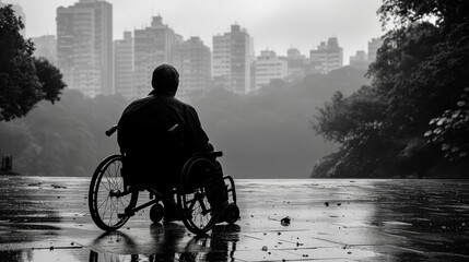 Photo en noir et blanc d'un homme ne fauteuil roulant qui regarde les barres d'immeubles et la ville inacessible, manque d'inclusion et d'espaces adaptés - obrazy, fototapety, plakaty