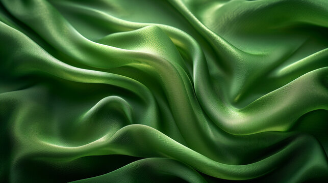 Gros plan d'un bout satin de soie fine et précieuse de couleur verte, texture de tissu, étoffes précieuses