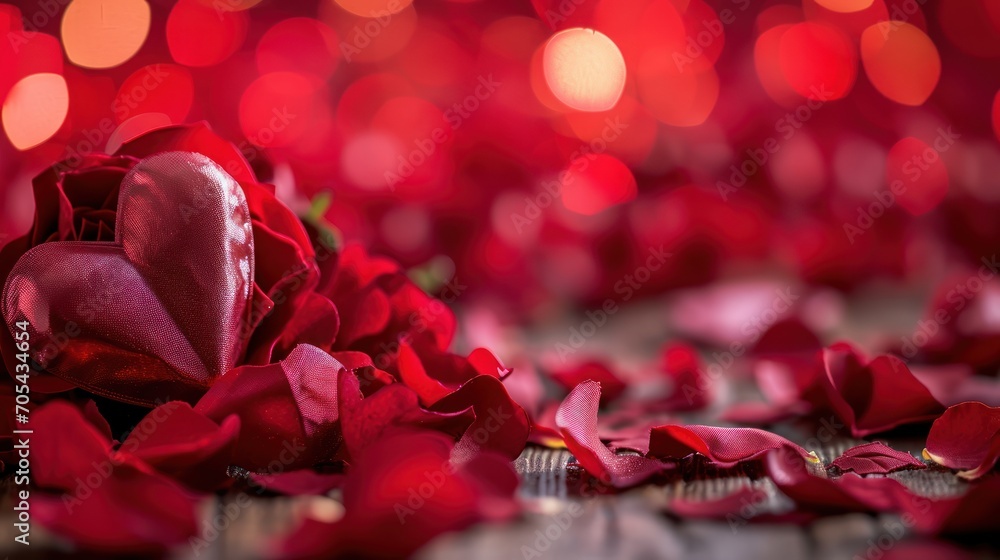 Poster a close up of a red rose on a table with petals scattered on the floor and blurry in the background.