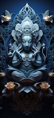 Blue Tara statue with lotus flowers