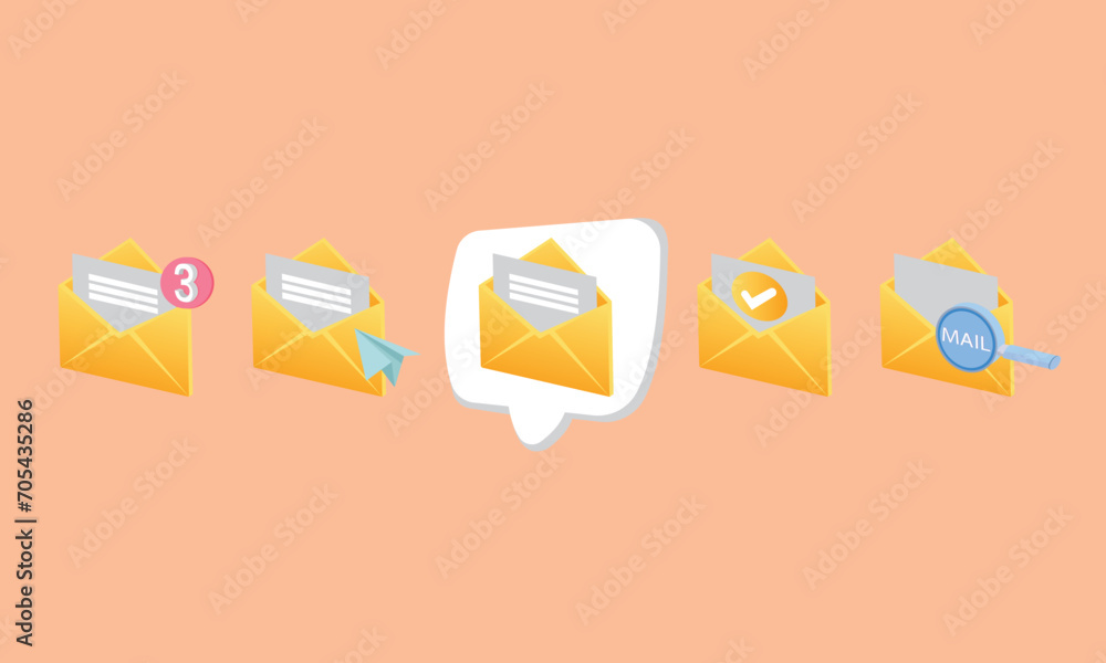 Poster 3d open mail envelope icon set with marker new message.render email notification with letters, check