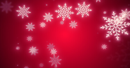 Naklejka na ściany i meble Christmas festive bright New Year background made of white glowing winter beautiful falling flying snowflakes patterns on a red background