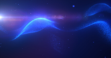 Blue glowing energy bright waves from small particles and lines abstract background