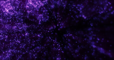 Blurred purple abstract background of bokeh and small round particles of energy magical holiday flying dots on a black background