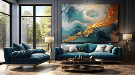 living room with a blue theme with a beautiful ocean wall painting