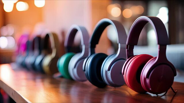 Closeup of a group of headphones sitting on a table, used for a group video call between friends.