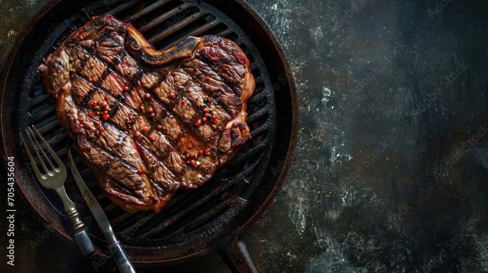 Poster a steak steak on a grill with a fork and knife on a plate with a knife and fork next to it.