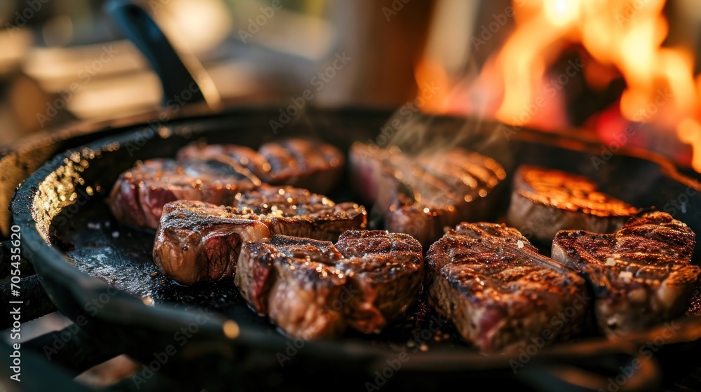 Poster steaks cooking in a skillet with a fire in the backgroung in the backgroung.