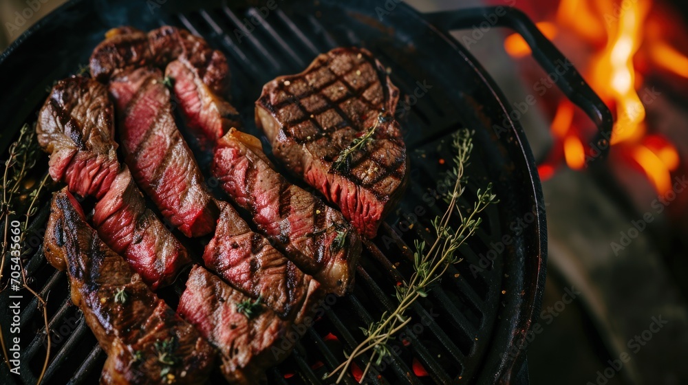 Poster a close up of steaks on a grill with a fire in the backgrouf in the background.