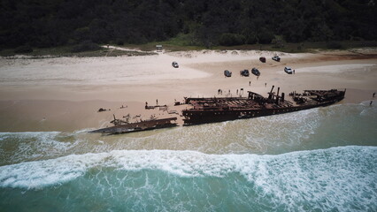 Aerial view and drone shot of SS Maheno Shipwreck Fraser Island Australia, Queensland