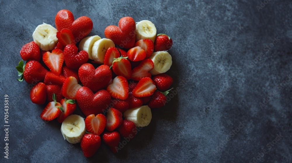 Poster strawberries and bananas arranged in the shape of a heart on a gray surface with a green leaf on top