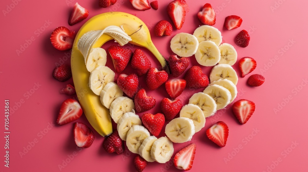 Poster  a banana, strawberries, and banana slices arranged in the shape of a heart on a pink background with strawberries and bananas.