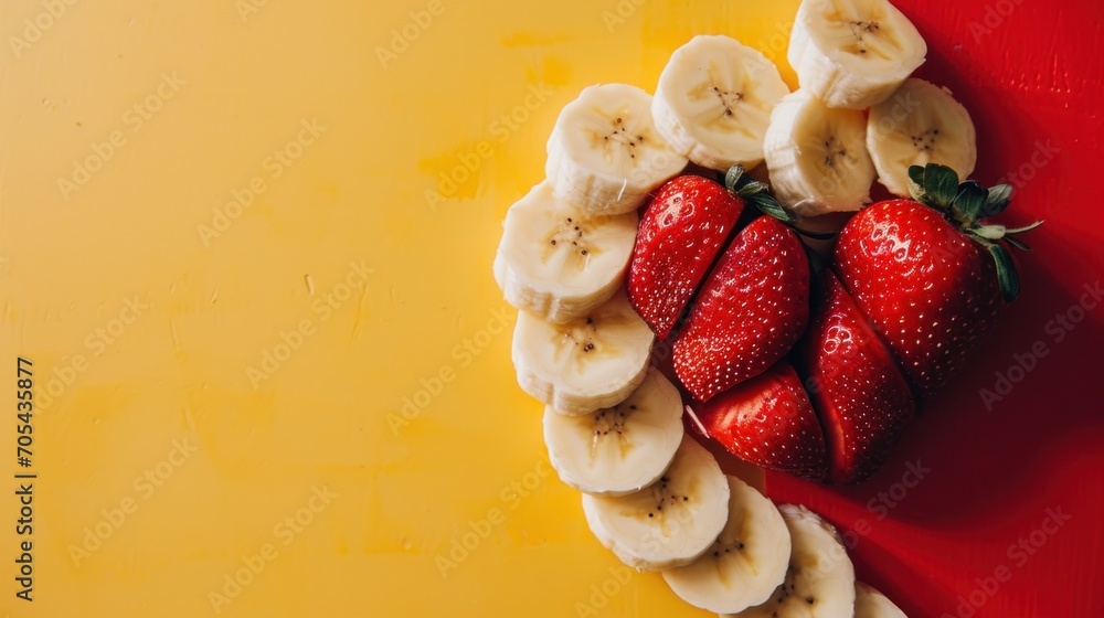 Poster a bunch of sliced bananas and strawberries arranged in the shape of a heart on a yellow and red back