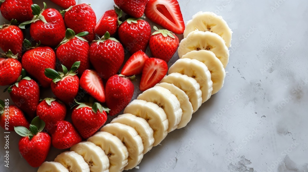 Poster a banana and strawberries arranged in the shape of a heart on a white marble surface with a few slic