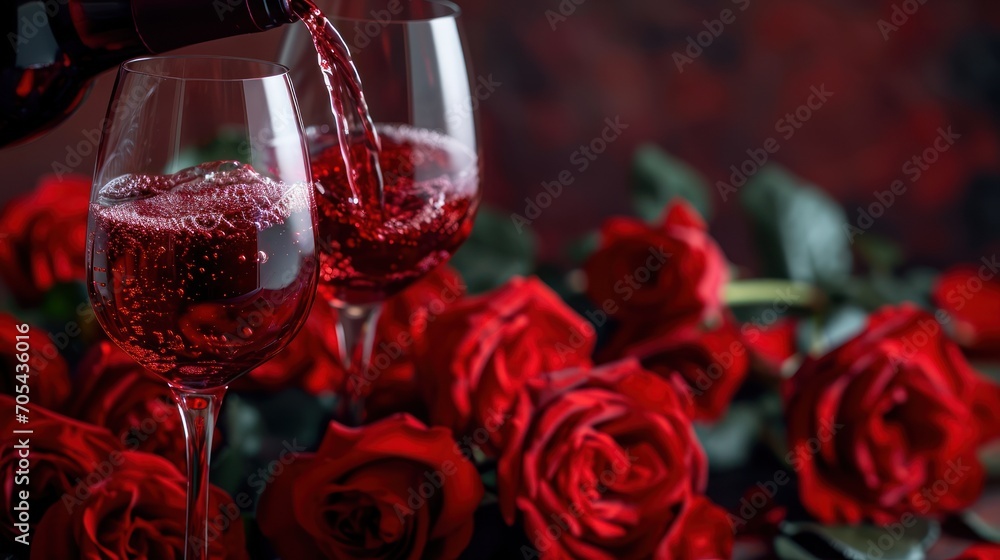 Poster  a close up of two wine glasses with red wine being poured into them with red roses in front of them.