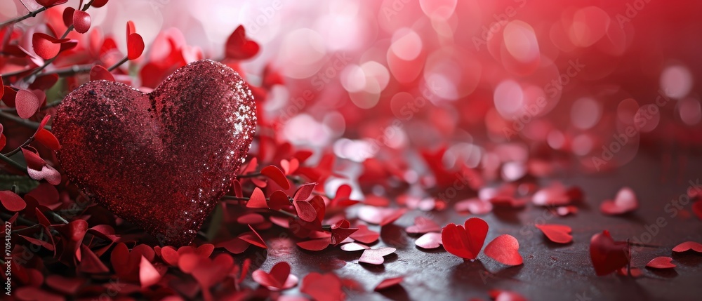 Poster a red heart sitting on top of a table next to a bunch of red hearts on a table next to a bunch of re