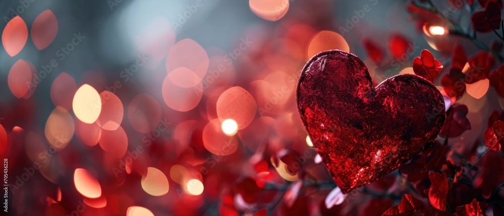 Poster a close up of a heart shaped object on a tree with boke of lights in the backround.