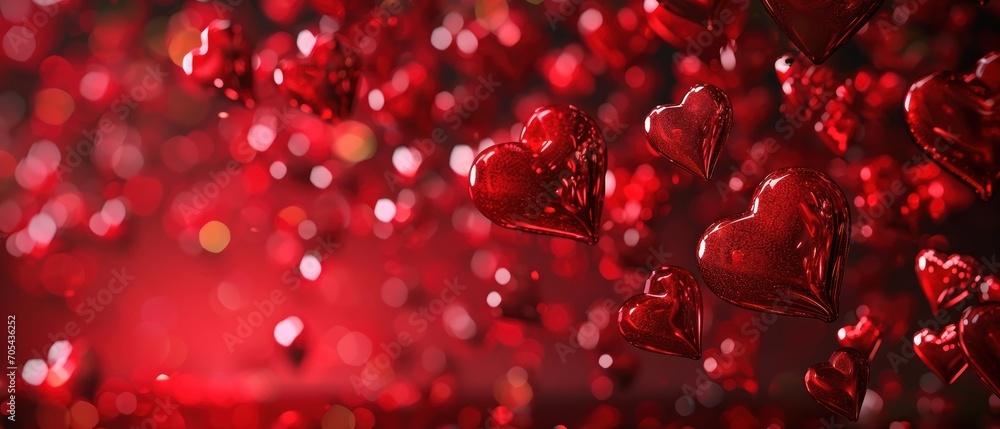 Poster a bunch of red hearts floating in the air on a red and black background with a red light in the back