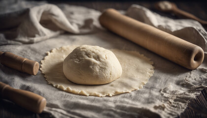 Fototapeta na wymiar Lump of dough on a floured surface, surrounded by a rolling pin and cloth, evoking the ambiance of baking.