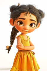 Young Animated Girl in a Yellow Dress With Braided Hair Posing Against a Plain Background