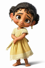 An animated latina young girl smiles gently while wearing a delicate white dress and adorned with pretty white flowers in her hair.
