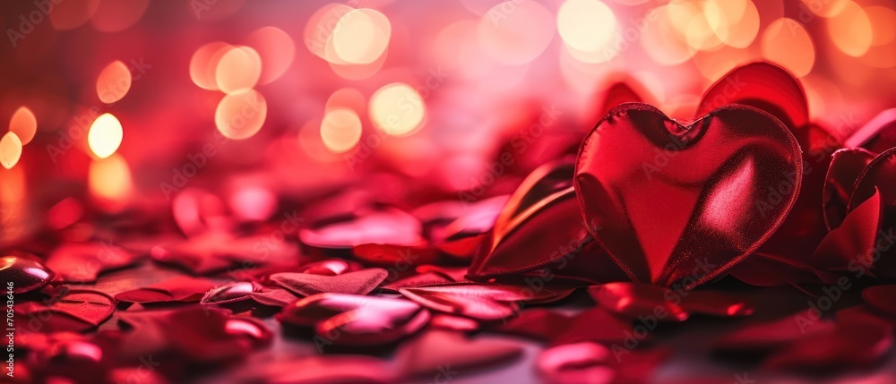 Aufkleber a close up of a red heart shaped object on a bed of red confetti with lights in the background.