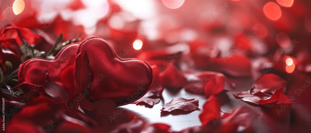 Poster a close up of a red rose petals with a heart shaped object in the middle of the petals and lights in