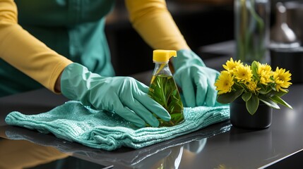 A person wearing gloves is cleaning a surface with a cloth and a spray bottle - obrazy, fototapety, plakaty
