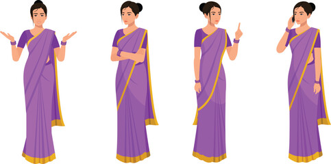 Vector faces of Indian girl wearing Saree with different Emotions, Expression Character poses