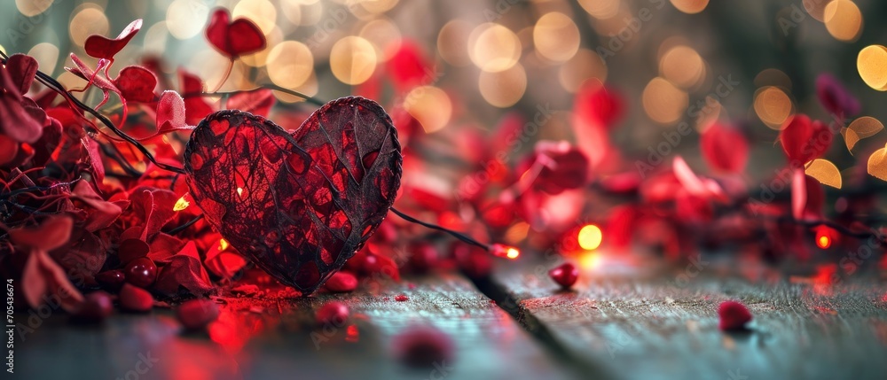 Poster a red heart sitting on top of a table next to a bunch of red flowers and a string of lights.