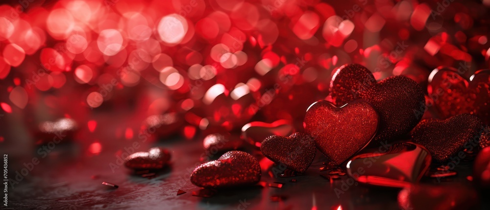 Poster a group of red hearts sitting on top of a table next to a pile of other red heart shaped objects.