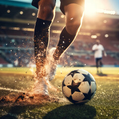 Close-Up. Soccer Player Kicking Ball in Night Stadium
