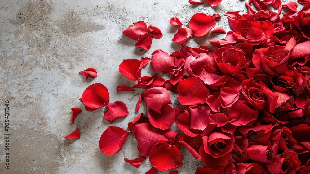 Poster a close up of a bunch of red flowers on a table with petals scattered on top of the table and on the