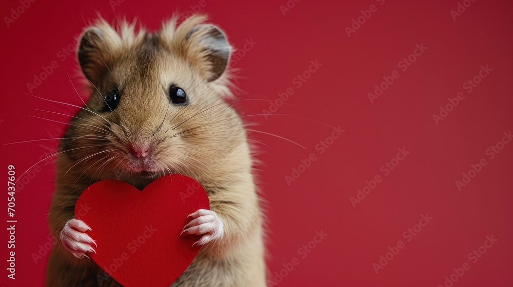 Poster a brown hamster holding a red heart on a red background in front of a red wall with a red background