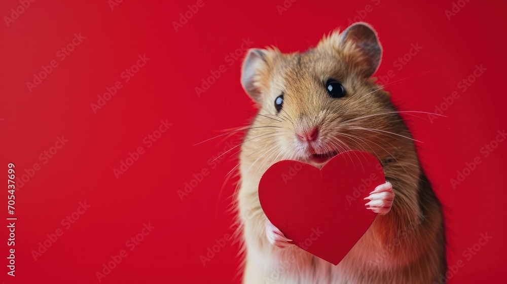 Poster a brown and white rat holding a red heart on a red background with a red background and a red backgr