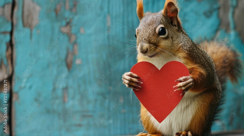 Aufkleber a squirrel holding a paper heart in front of it's face and looking at the camera with a surprised lo