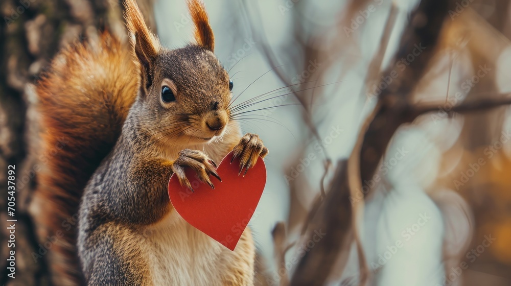 Aufkleber a squirrel is holding a red heart in its paws while standing on a tree branch with its paws in the a
