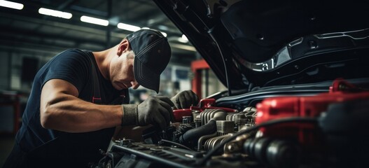 Fototapeta na wymiar Professional mechanic performs maintenance on car engine. Automotive industry.