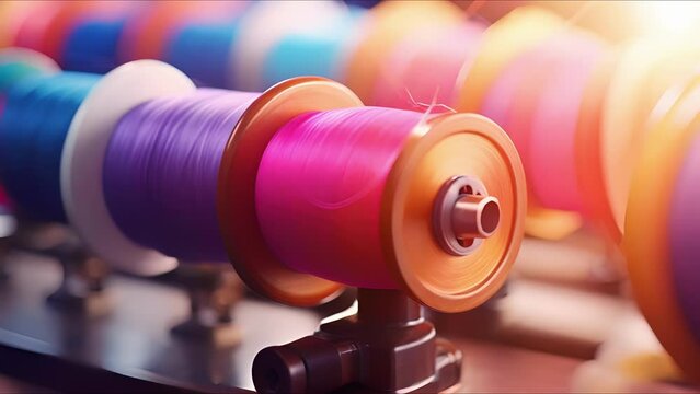 Closeup of colorful thread being spun on a spinning wheel for traditional textiles.