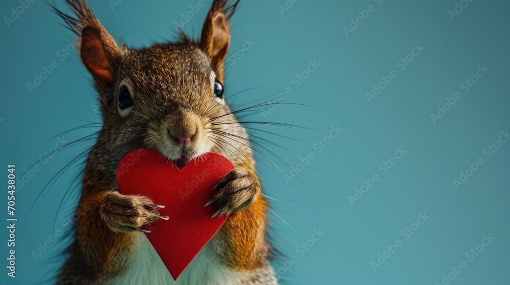Poster a close up of a squirrel holding a heart shaped object in its paws and looking at the camera with a 