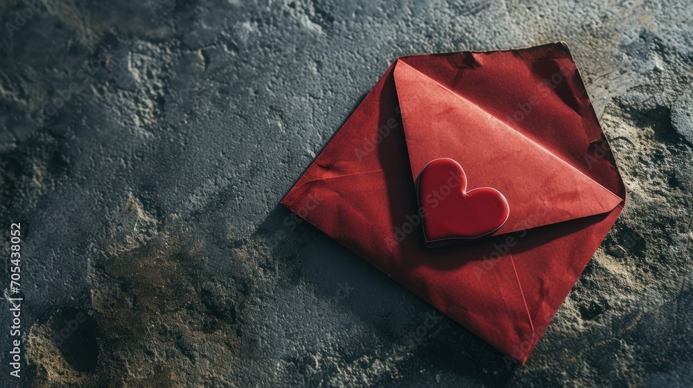 Poster a red envelope with a heart cut out of it sitting on a cement surface next to a pair of scissors.