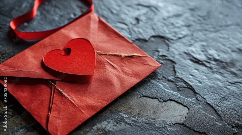 Poster a red envelope with a red heart on top of it and a red ribbon tied to the front of the envelope.