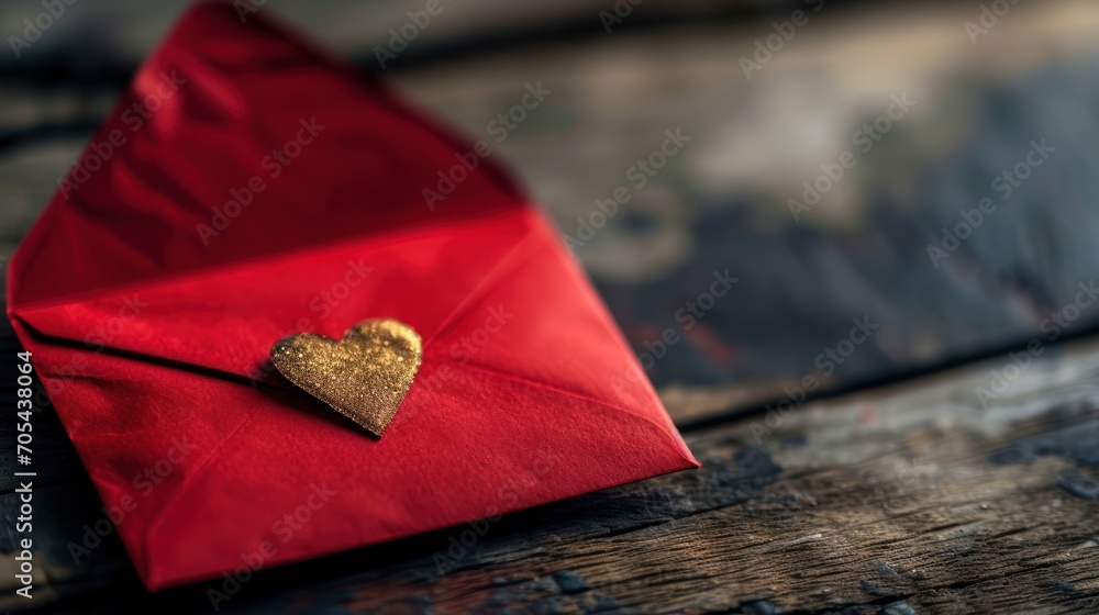 Poster a close up of a red envelope with a gold heart in the middle of it on top of a wooden table.