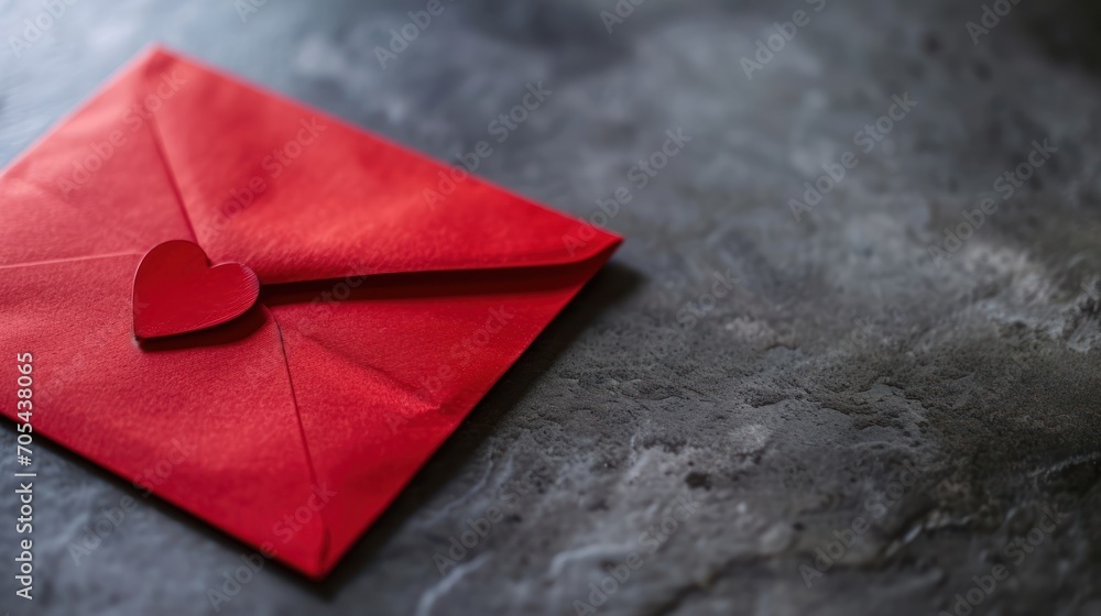 Poster a red envelope with a heart cut out of it sitting on a gray surface with a red envelope with a red h