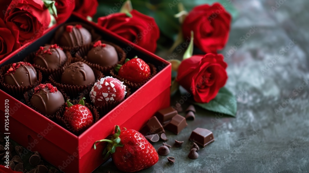 Poster a close up of a box of chocolates with strawberries on a table next to red roses and chocolates.