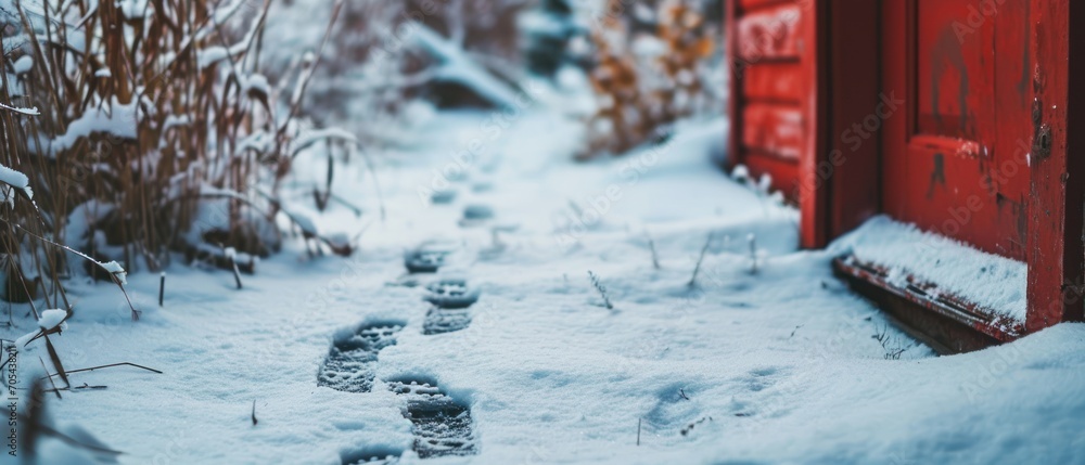 Poster a path in the snow with a red door in the back ground and footprints in the snow in the foreground.