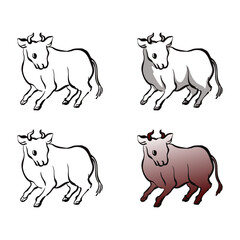 雄牛の和風ベクターイラストセット（線画、影付き、白黒、グラデーション）